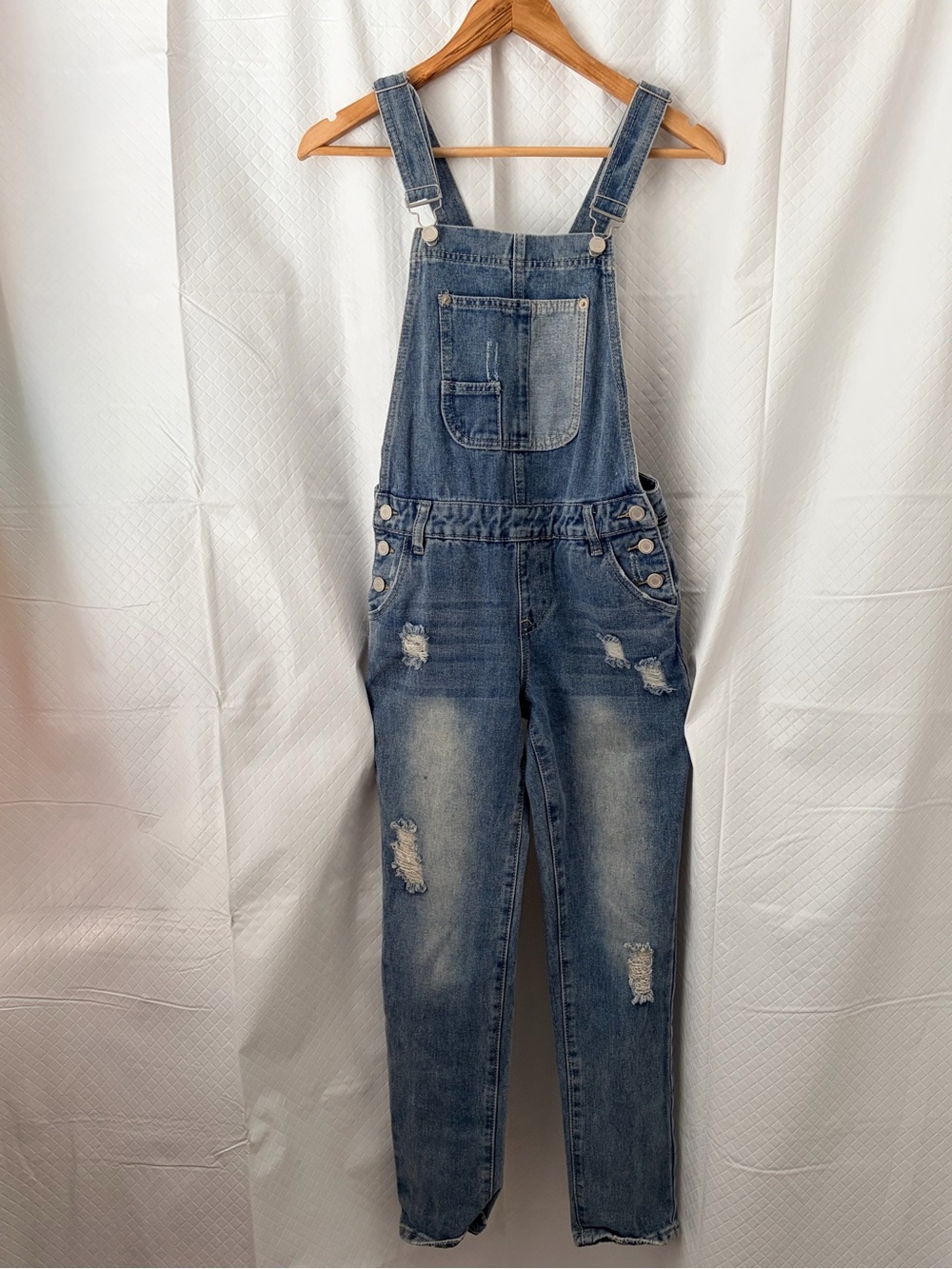 Chelsea & Violet Distressed Light Blue Denim Overalls